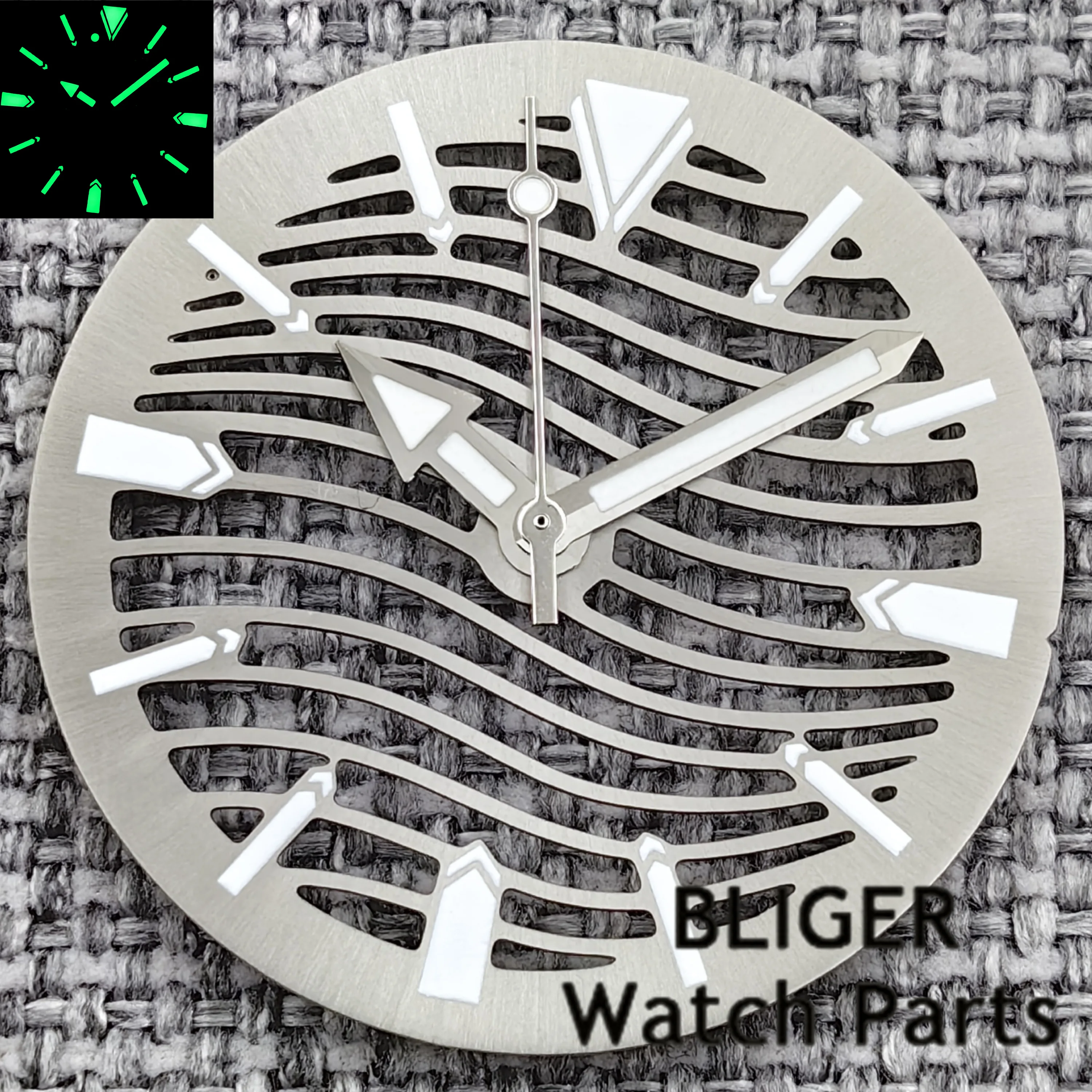 

BLIGER New Hollow-out Watch Dial And Skeleton Hands Fit 29mm Silver Grey Dial C3 Green Luminous Fit NH70 NH72