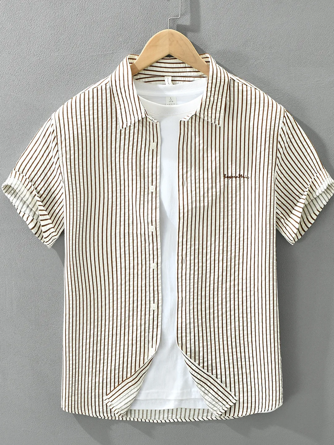 

Loose Fit Striped Embroidered Cotton Shirt Men's Summer Thin Mixed Fiber Breathable Comfortable Short Sleeve Trendy Shirt