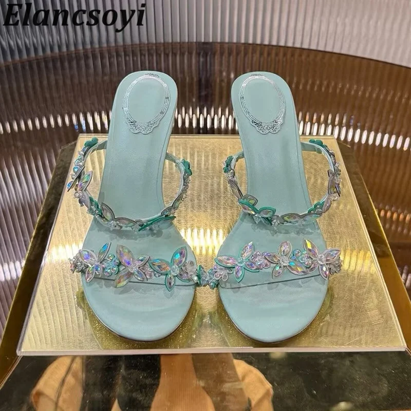 Slippers Rhinestone Bow Flower Open Toe Thin Heels Banquet Shoes Women High Heels Fairy Sandals Summer Fashion Party Shoes