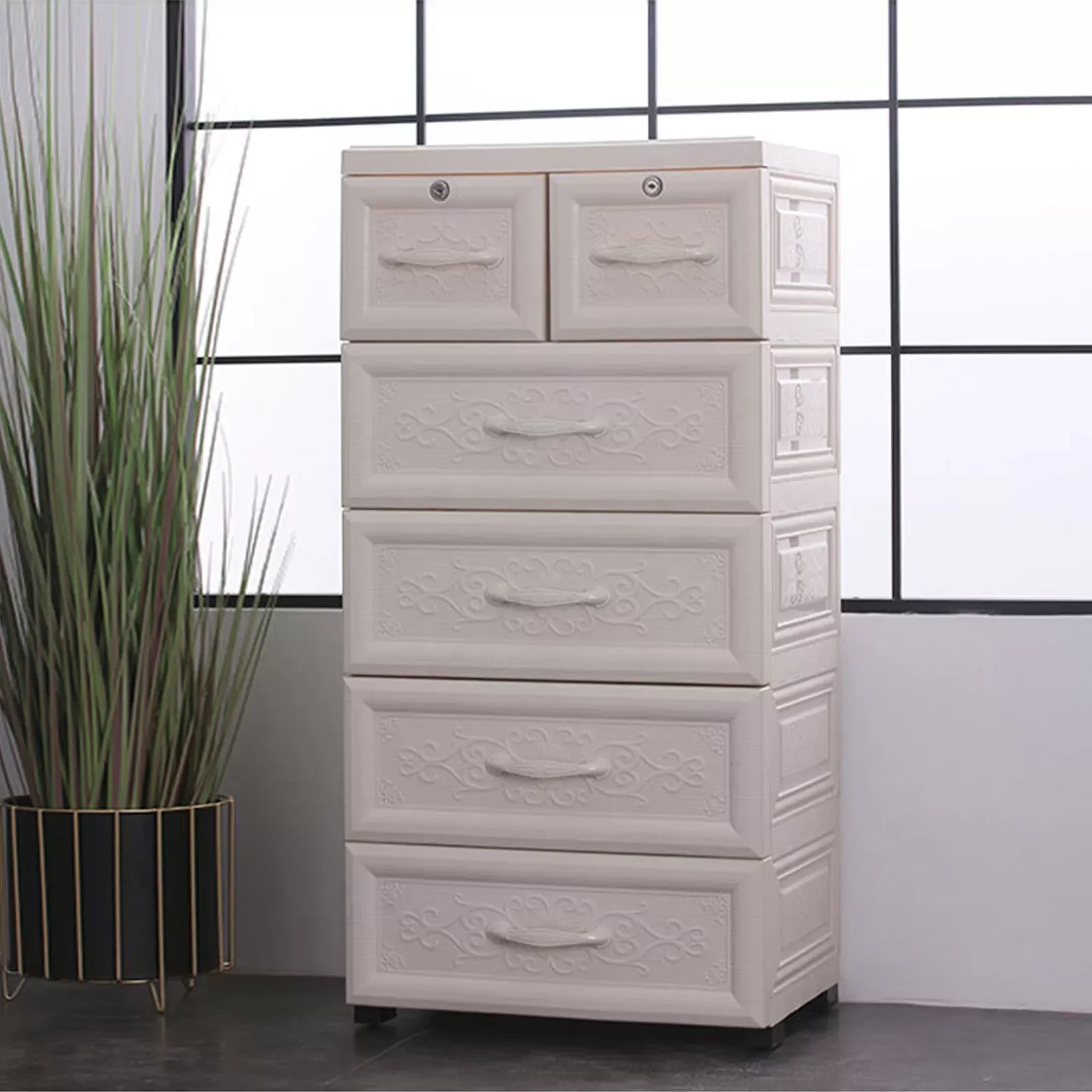 

White 6-Drawer Dresser Cabinet, Bedroom Storage with Rollers, Eco-Friendly Material, 19.6"x13.7"x40.1", Easy Assembly
