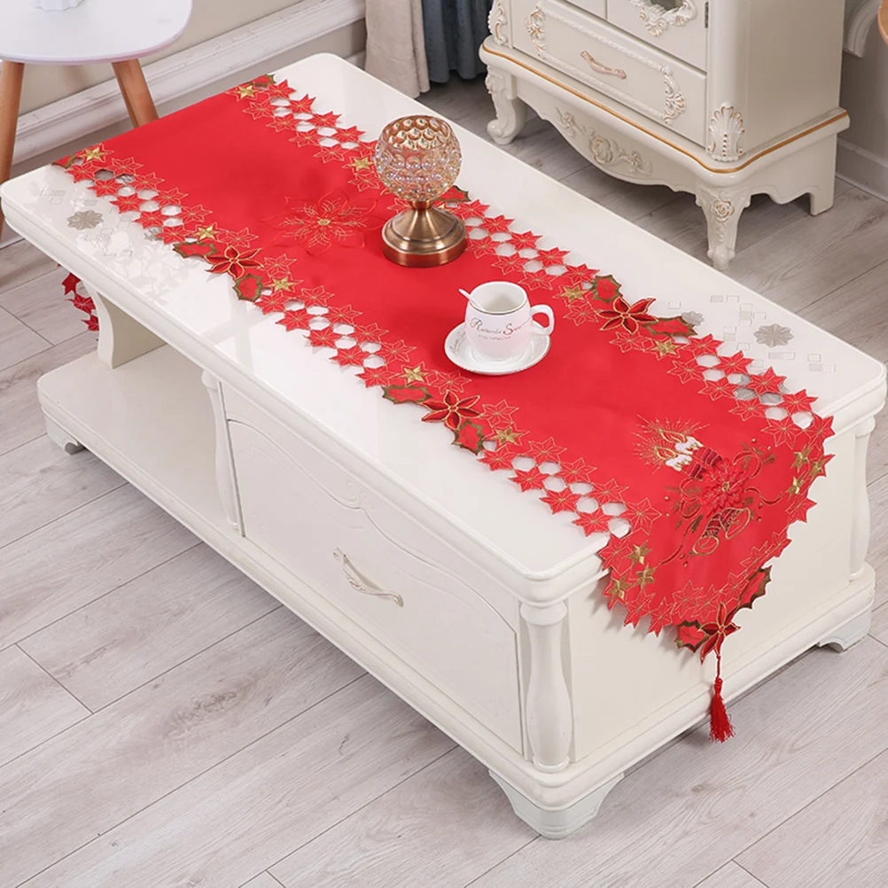 

1Pcs Christmas Table Runner Embroidery Hollow Out Style Decorative Table Flag Premium Cloth Desktop Tablecloth Party Use
