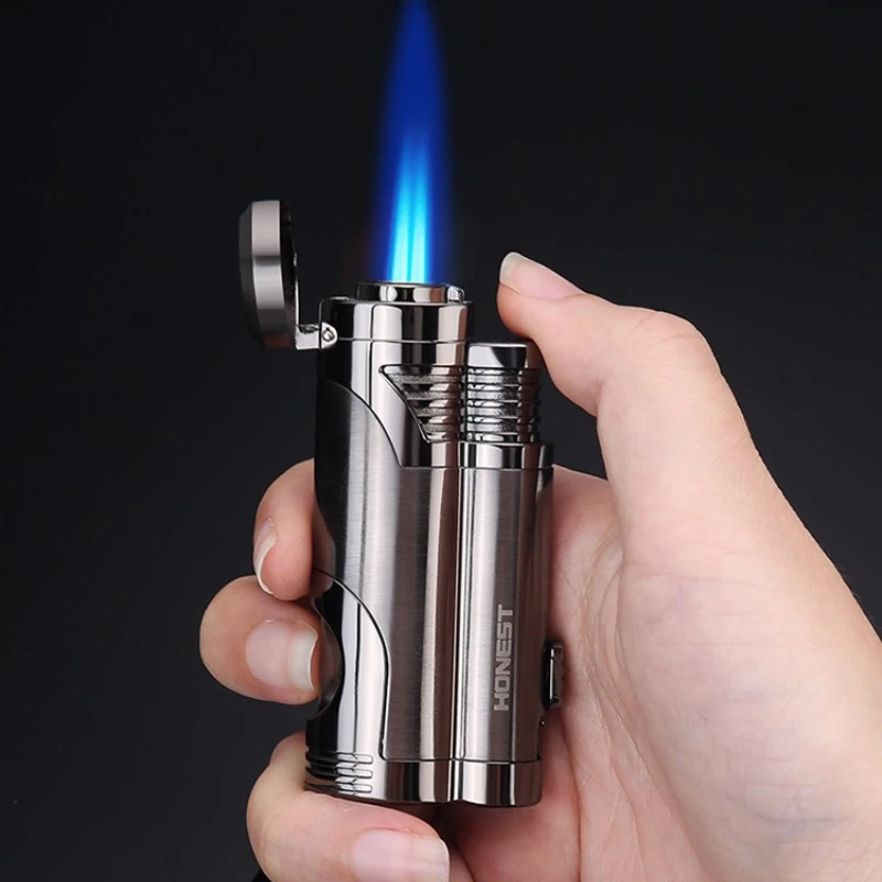 Honest Double Flame Direct Flush Inflatable Windproof Lighter Blue Flame Metal with Cigar Knife Transparent Air Box Lighter