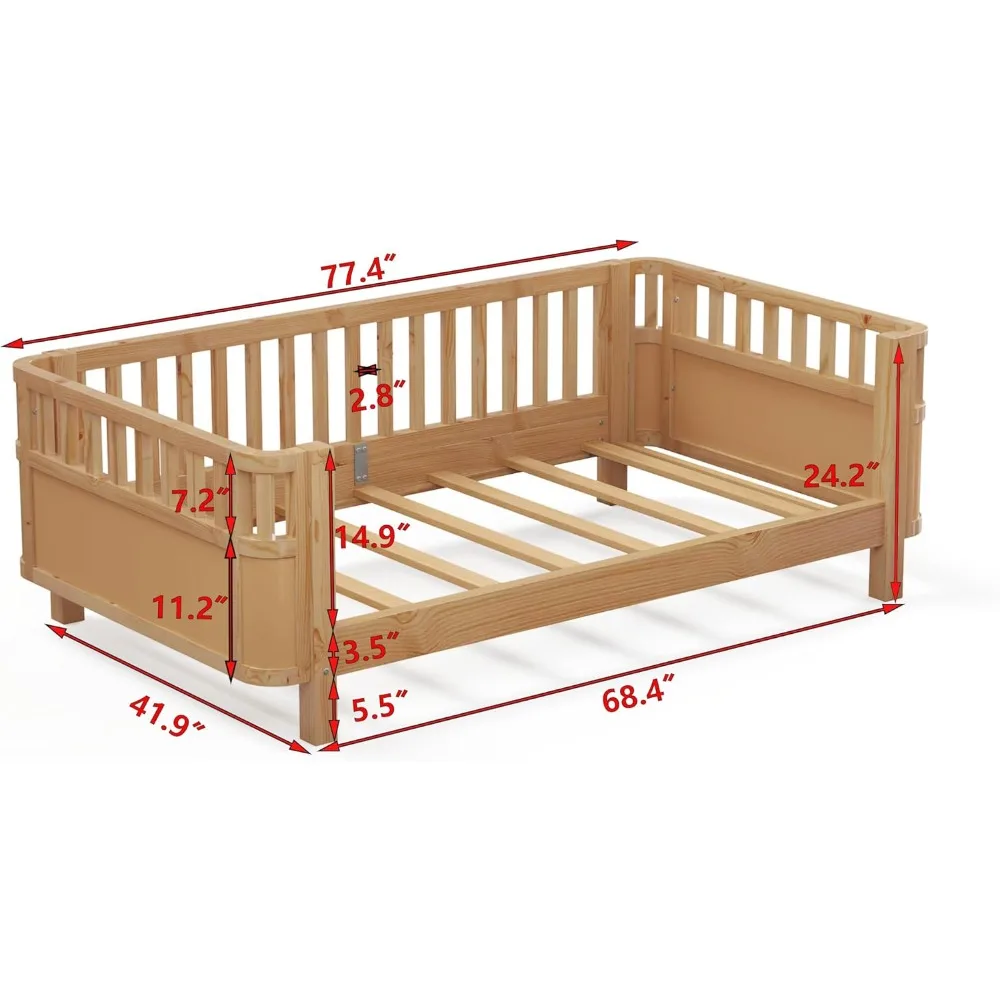 سرير مزدوج مستوحى من مونتيسوري مع قضبان جانبية قابلة للإزالة، وإطار سرير بمنصة خشبية موفرة للزاوية للأطفال #2