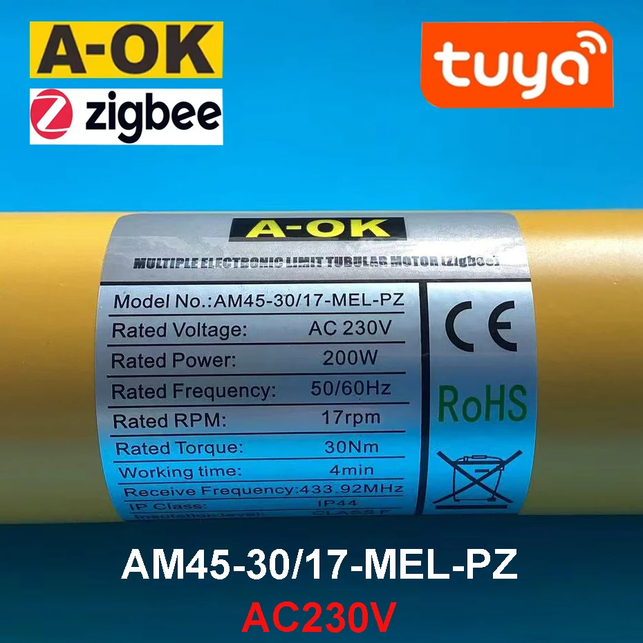 

A-OK AM45 30/17 Smart Blinds Tubular Motor,Tuya Zigbee+RF433 Control,for Rolling Blind/Awning/Sunshade Shutter/Projection Screen