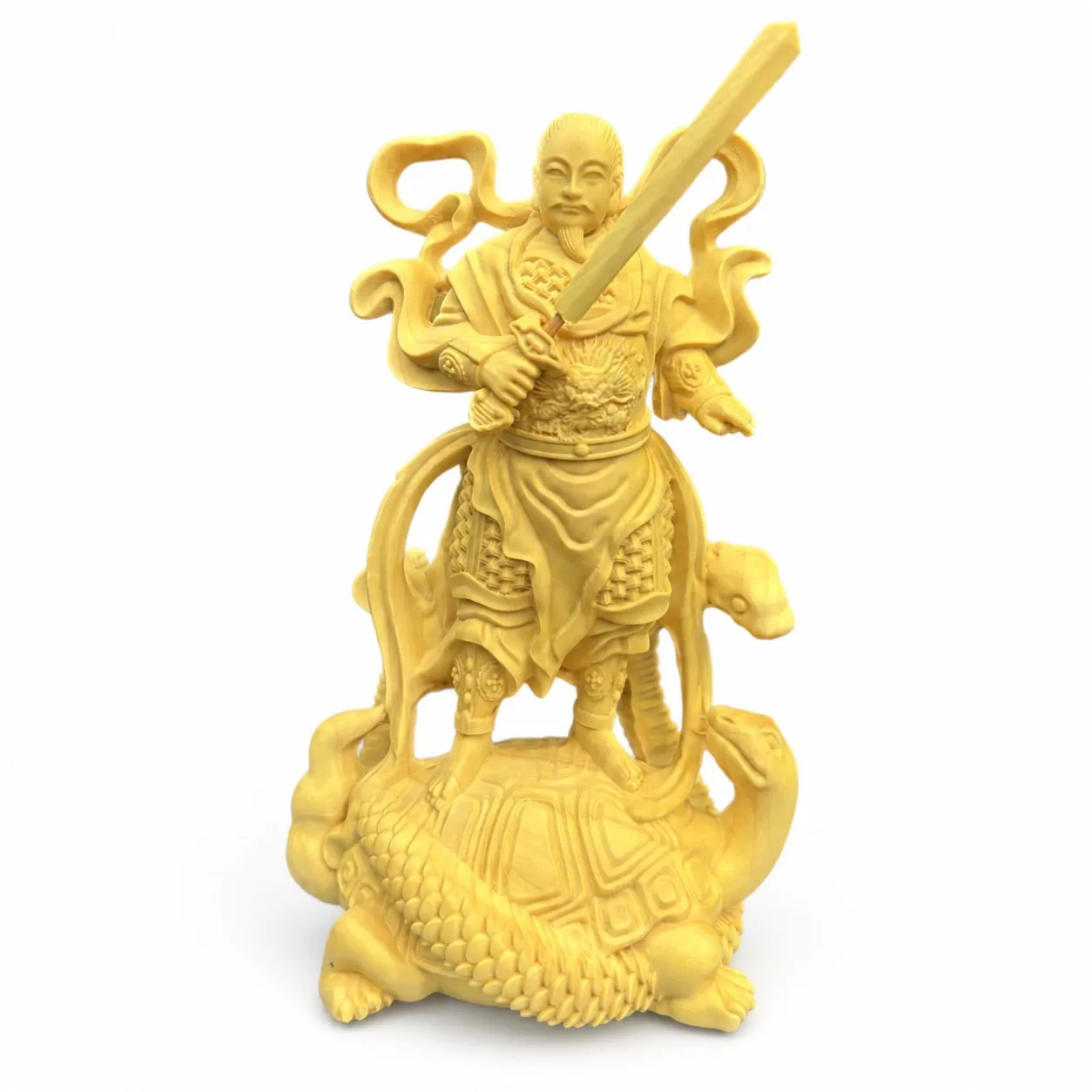 Hand Carved Boxwood Xuantian Shangdi Zhenwu Statue for Traditional Chinese Feng Shui Home Living Room Desk Decor Gift