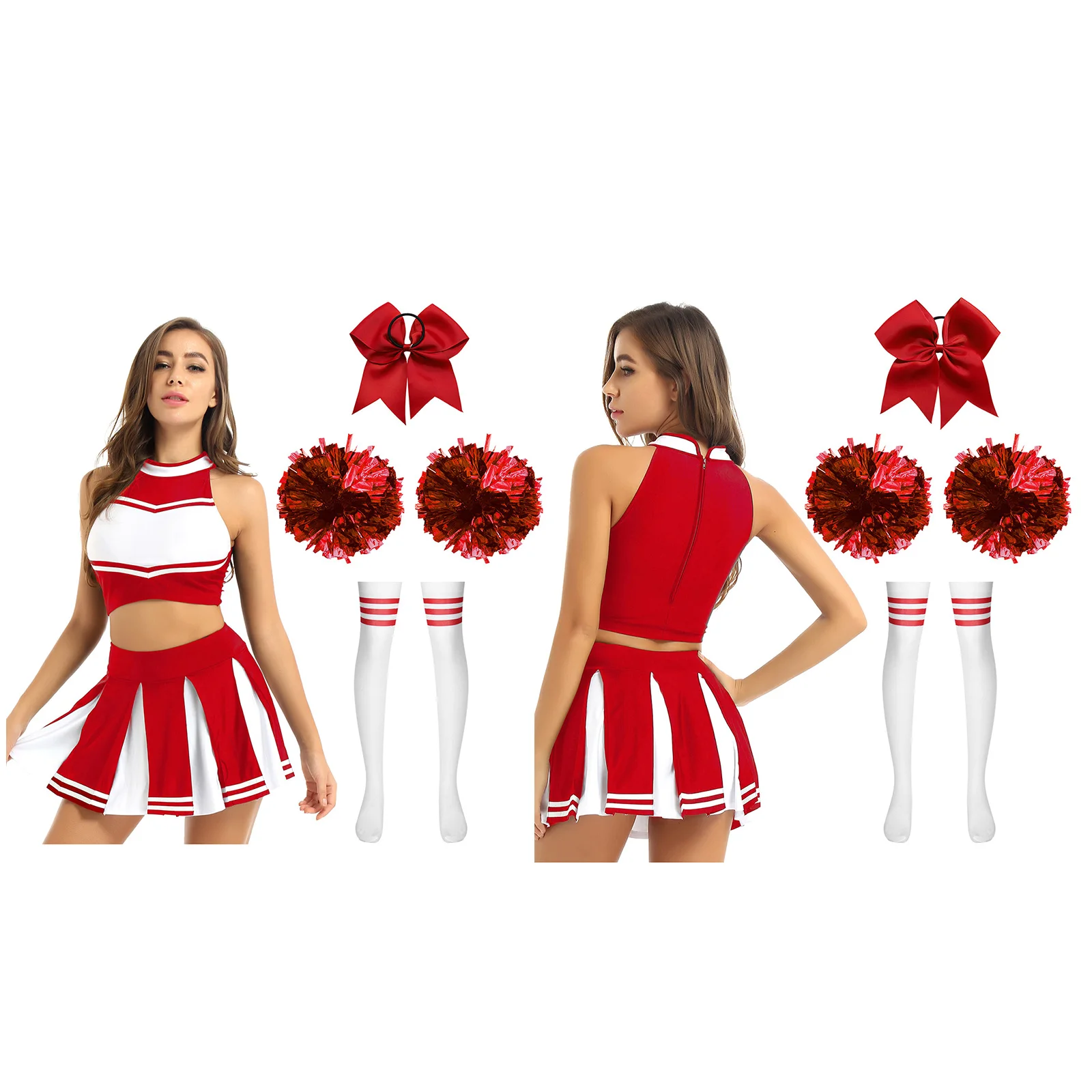 Cheerleading Schoolgirl Uniform Womens Adults Crop Top Mini Pleated Skirt Stockings Bowknot Hair Band And Flower Balls Outfits