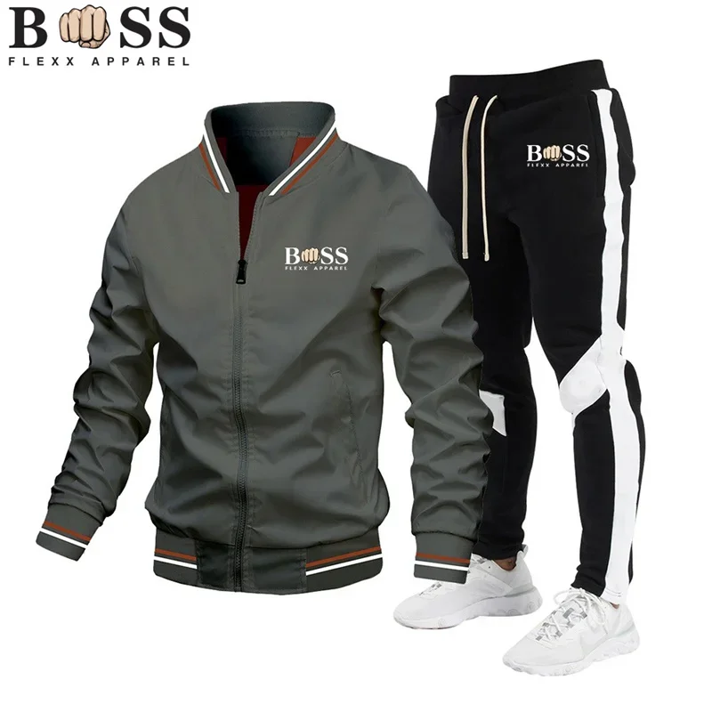 BSS FLEX APPAREL High Quality Casual Jacket Set New Spring and Autumn Men\'s Spliced Pants Baseball Stand Neck Windproof Jacket