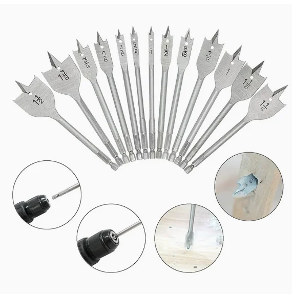 

For Wood, PVC, Fiberglass, and Soft Metals English system 13-Piece Carbon Steel Spade Drill Bit Set with Pointed Tip & Hex Shank