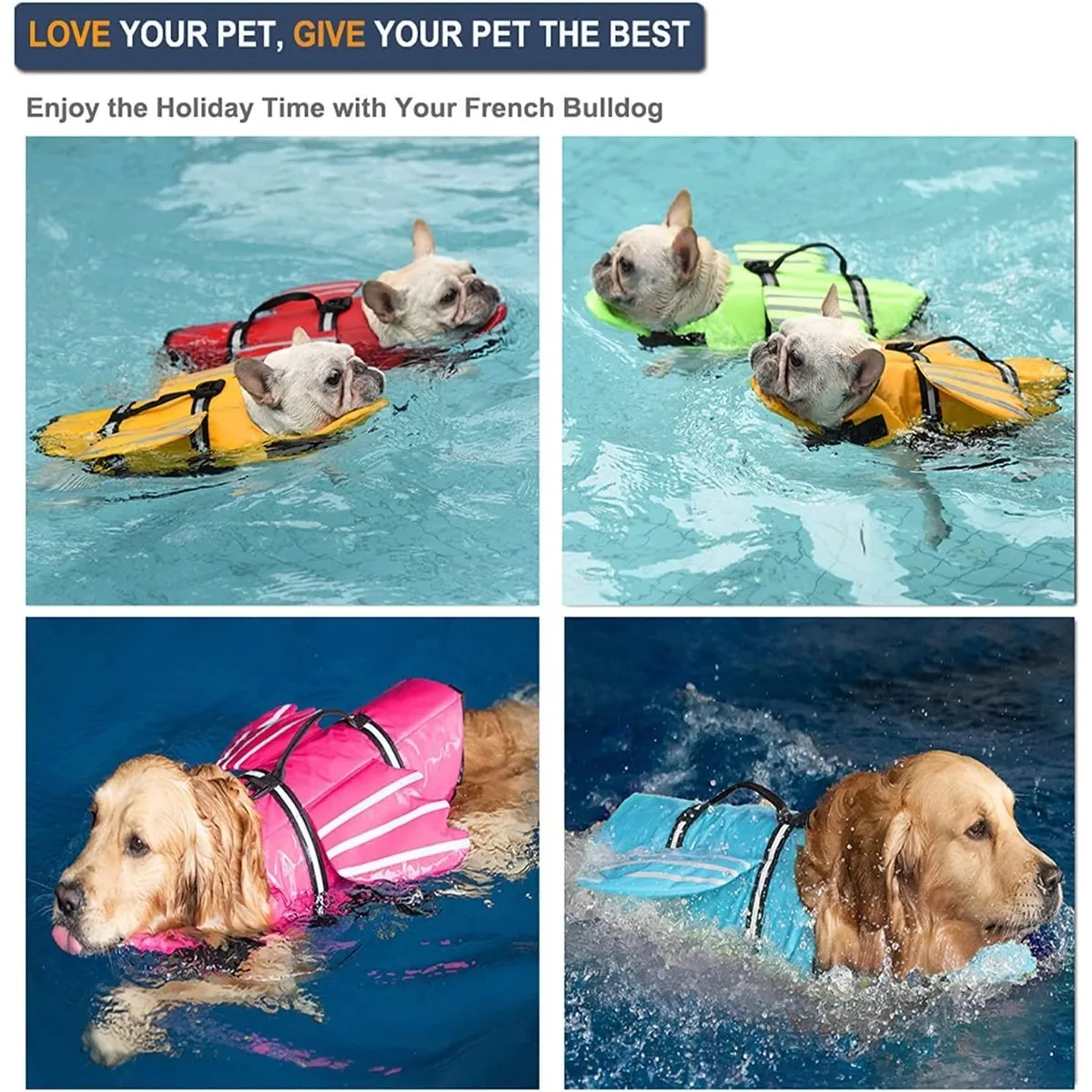 Dogs Life Jacket with Chin Float Oxford Breathable Adjustable Swimming Vests with Reflective & Rescue Handle for Most JJ3855