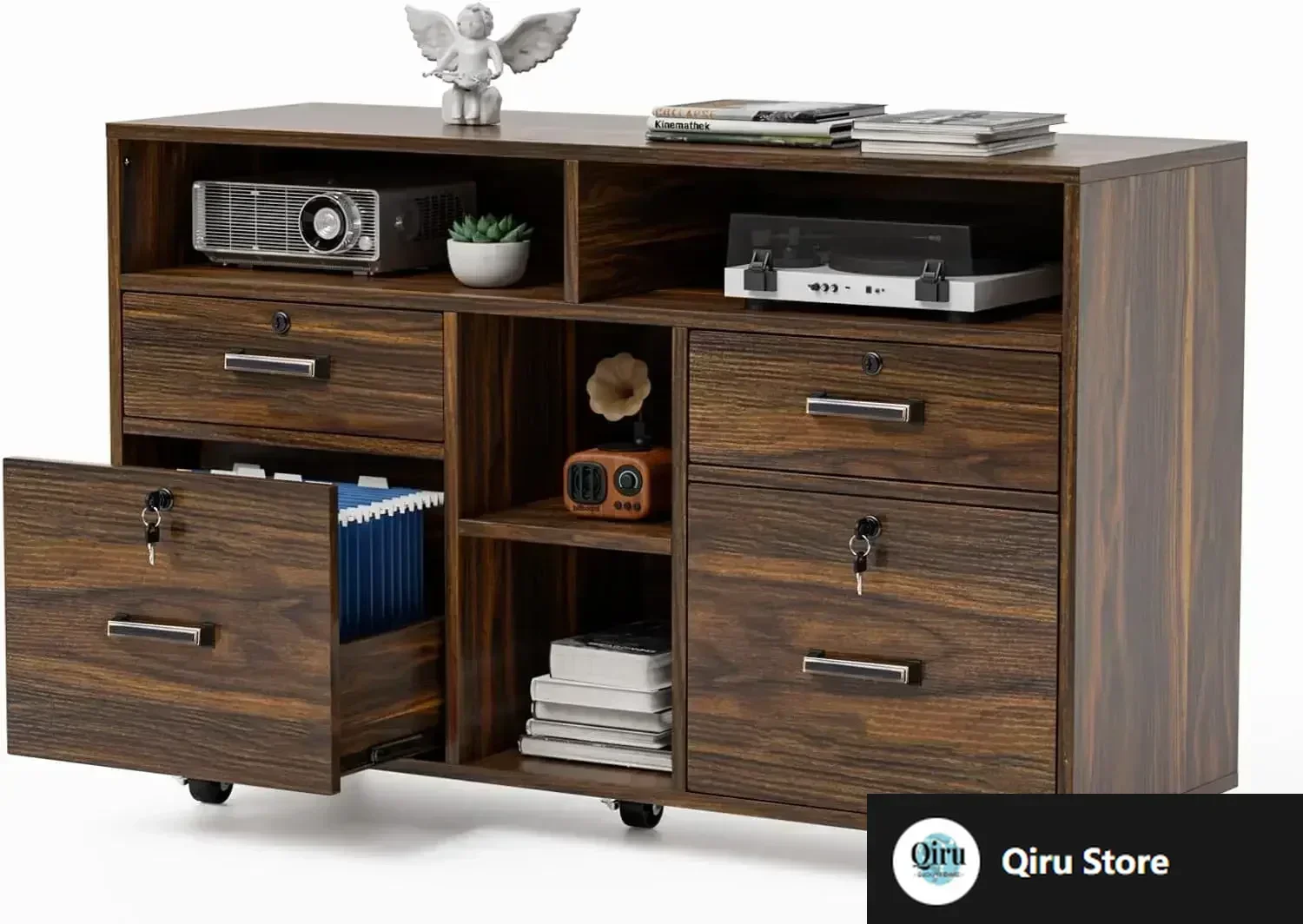 [XMSJ-مخزون محدود، اشتر الآن! ] خزانة ملفات واسعة ذات 4 أدراج مع قفل، وخزانة ملفات جانبية خشبية مع أرفف مفتوحة، وبكرة قابلة للقفل