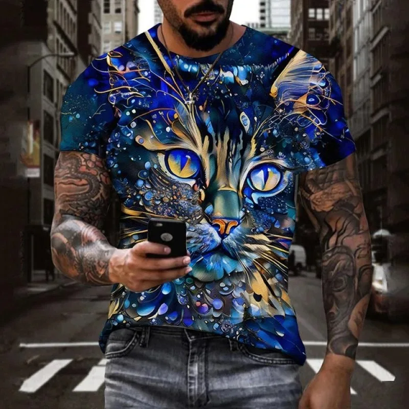 

2025 Fashion Cat Pattern T-shirt Summer Trendy Short Sleeve Cool 3D Animal Printed Men's Casual Street Wear Hip Hop