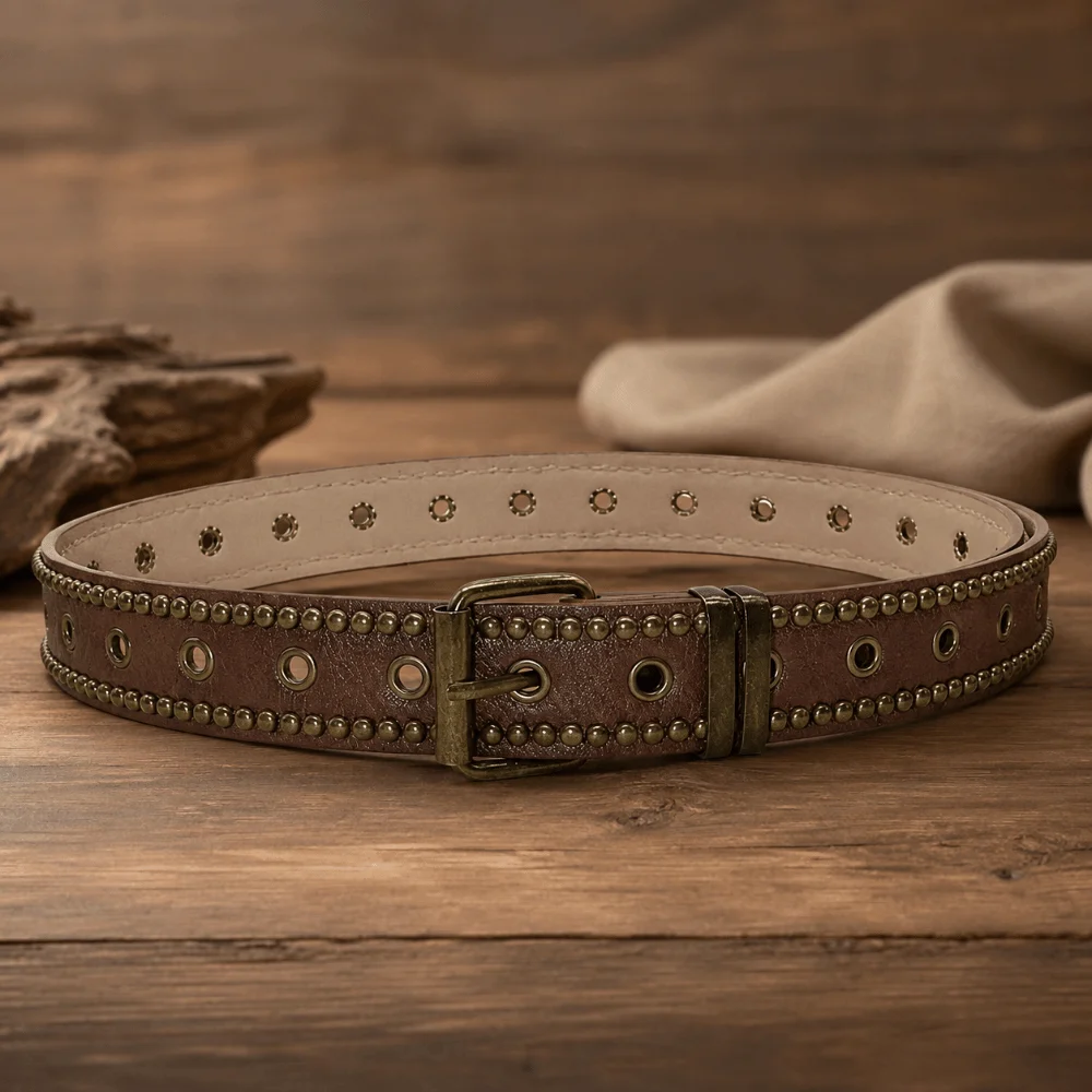 Rivet Studded PU Leather Belt Antique Bronze Pin Buckle Multi Hole Studded Leather Belt Distressed Brown Adjustable Waist Belt