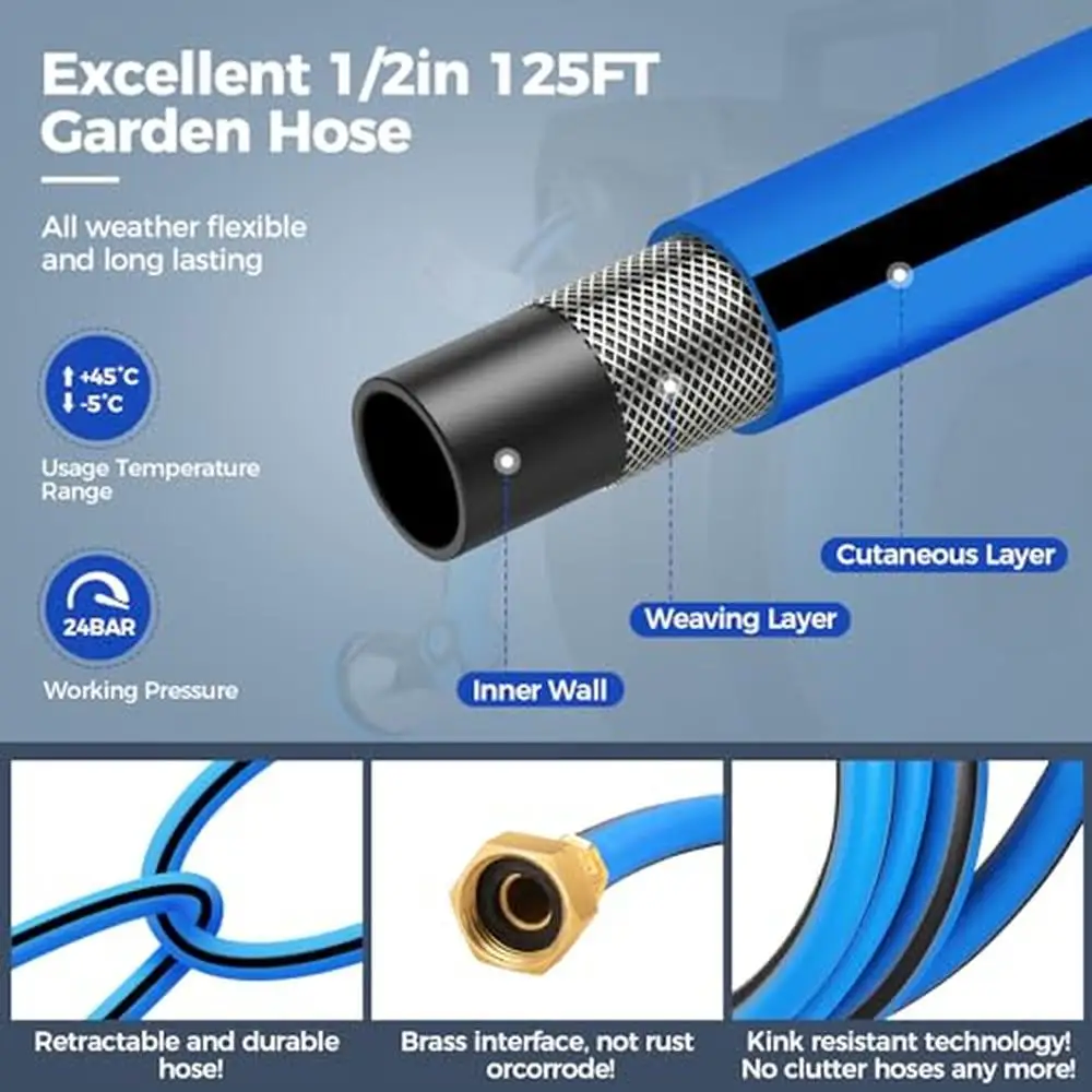 Carrete de manguera de jardín retráctil automático, boquilla de pulverización de 10 funciones, resistente, duradero y resistente a fugas, de pared, 1/2 "x 131 pies