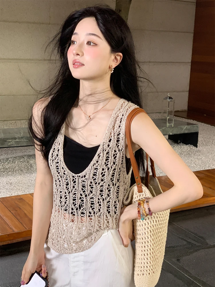 

Женский вязаный жилет Aboutpoem Summer Poem с U-образным вырезом, винтажный, ажурный, свободный топ из шелковой ткани Ry Paper