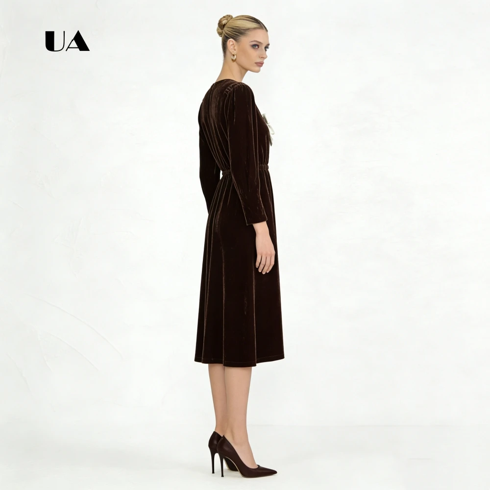 ULBYANRY Elegant Velvet Prom Dress with Lantern Sleeves, Solid Deep V-neck Evening Dress with Satin Bows, Customized Party Gown