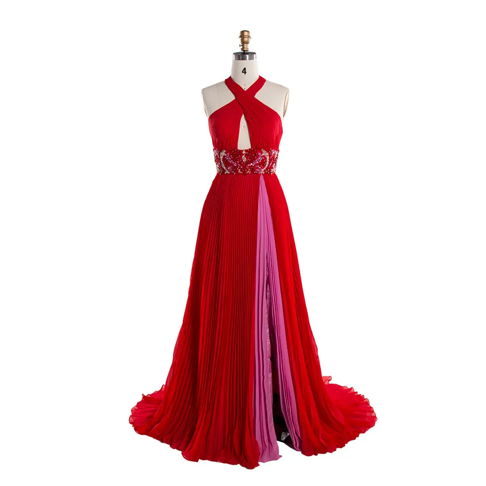 Striking Red and Purple A Line Backless Halter Neck Gown Pleated Long Prom Dresses Evening Dress for Photo Shoot YEWEN YE3020