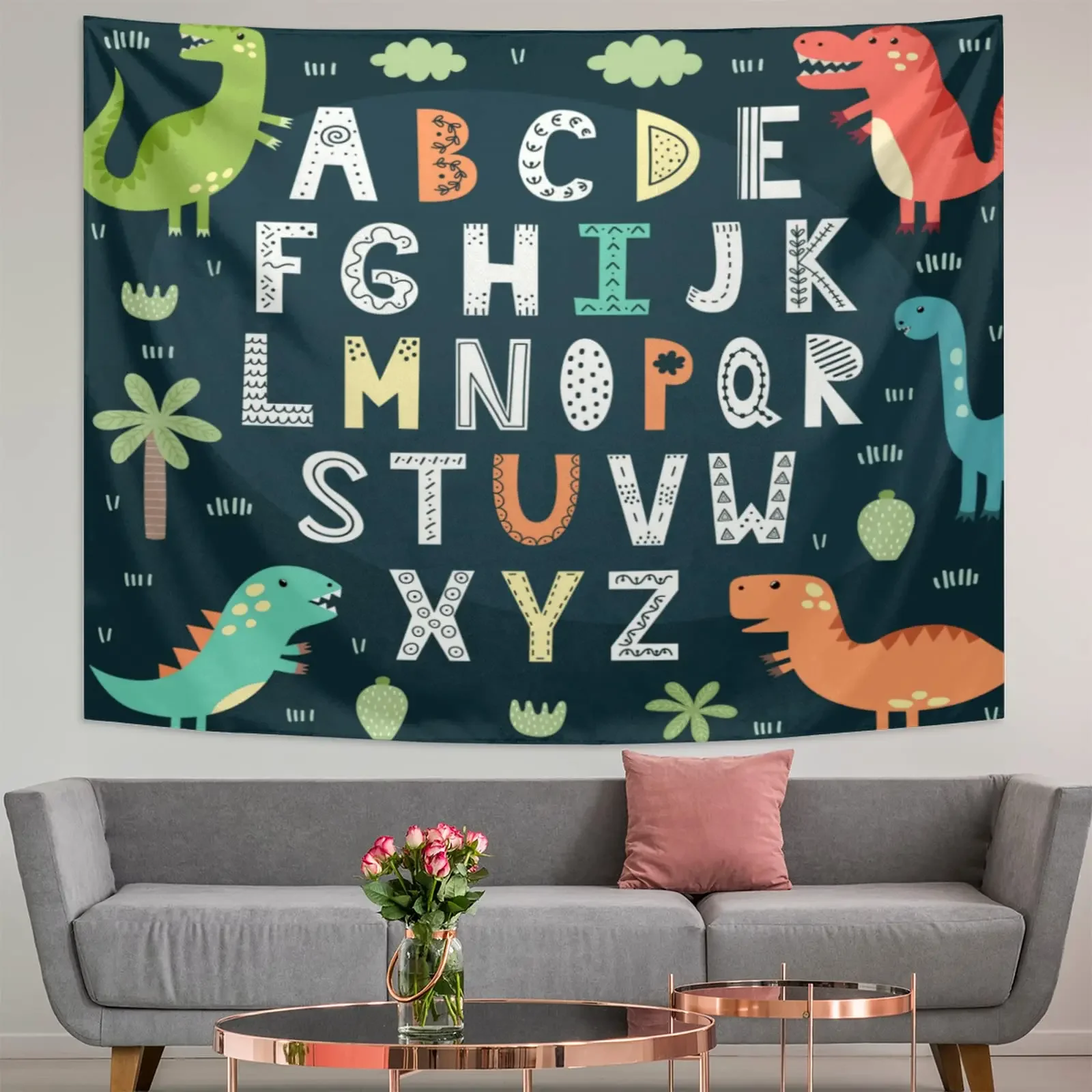 Alphabet Poster Tapestry for Boys Girls Bedroom, ABC Learning for Toddlers Cute Dinosaur Art Educational Tapestries Wall Hanging