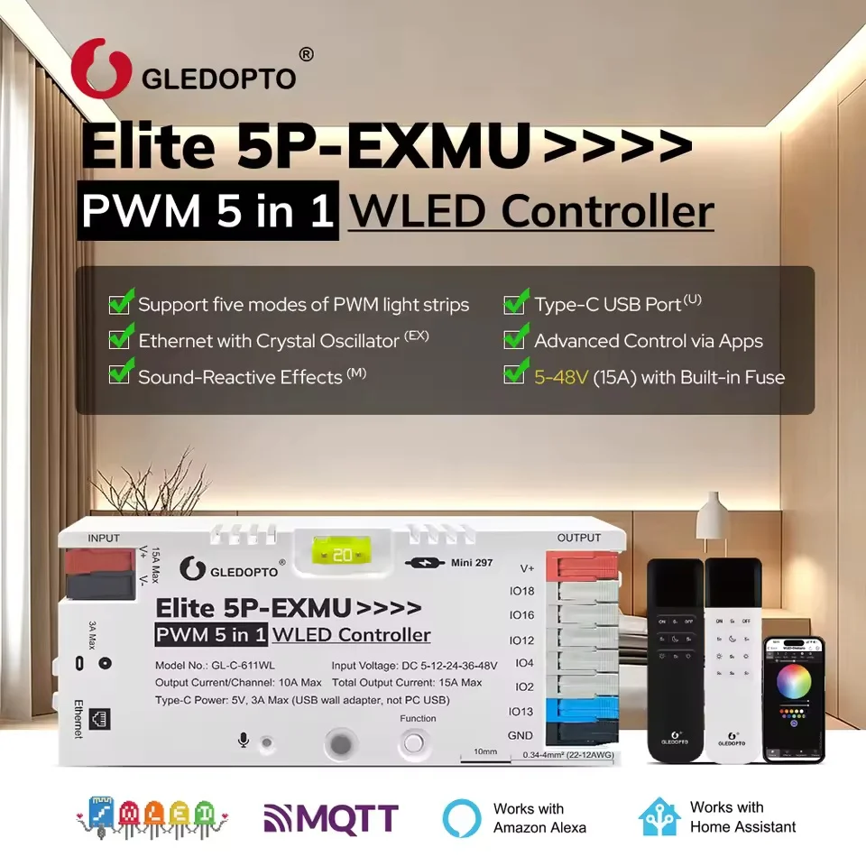 GLEDOPTO Elite 5P-EXMU PWM 5-in-1 WLED Controller DC 5-48V 15A RGBCCT/RGBW/RGB/CCT/Dimmer WiFi+Ethernet Work with Alexa & MQTT