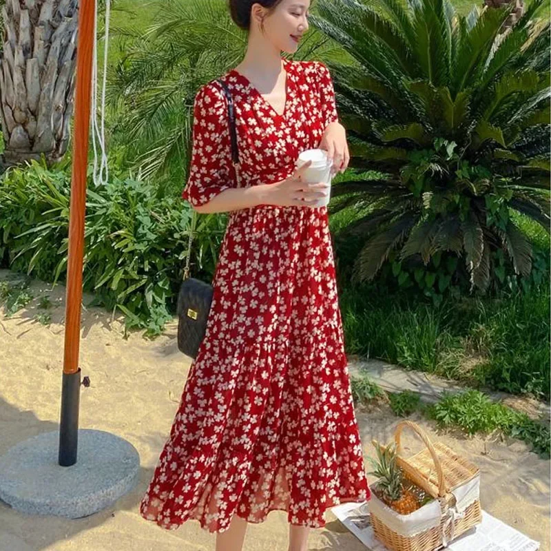 

Korean Fashion V-neck Printing Ruffles Waist Midi Dress Sweet Elegan Chiffon Temperament Long Dress Chic Women's Clothing B264