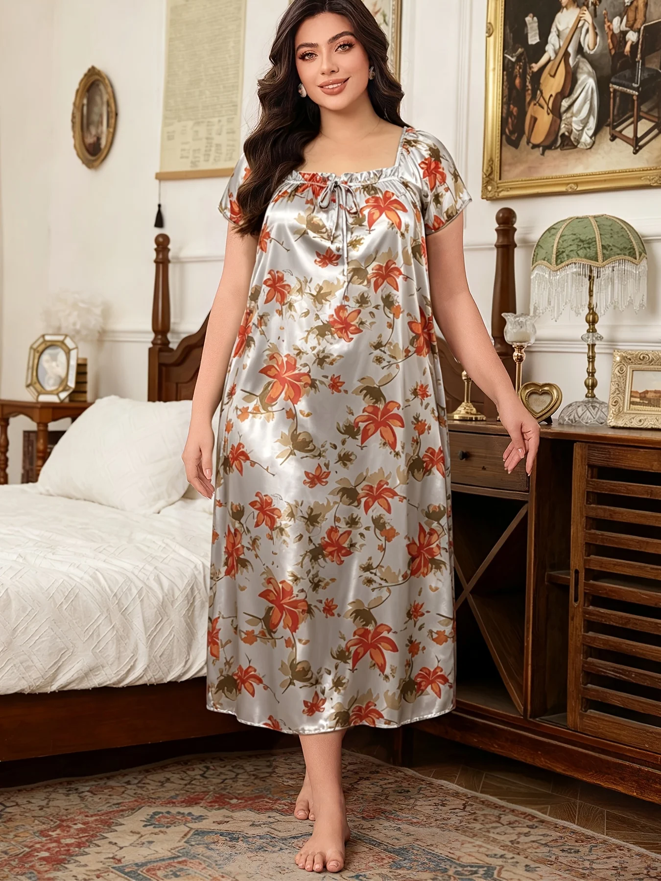 Oversized Women Nightgown Plus Size Square Neck Sleep Dress Short Sleeve Soft Loungewear With Drawstring Belt