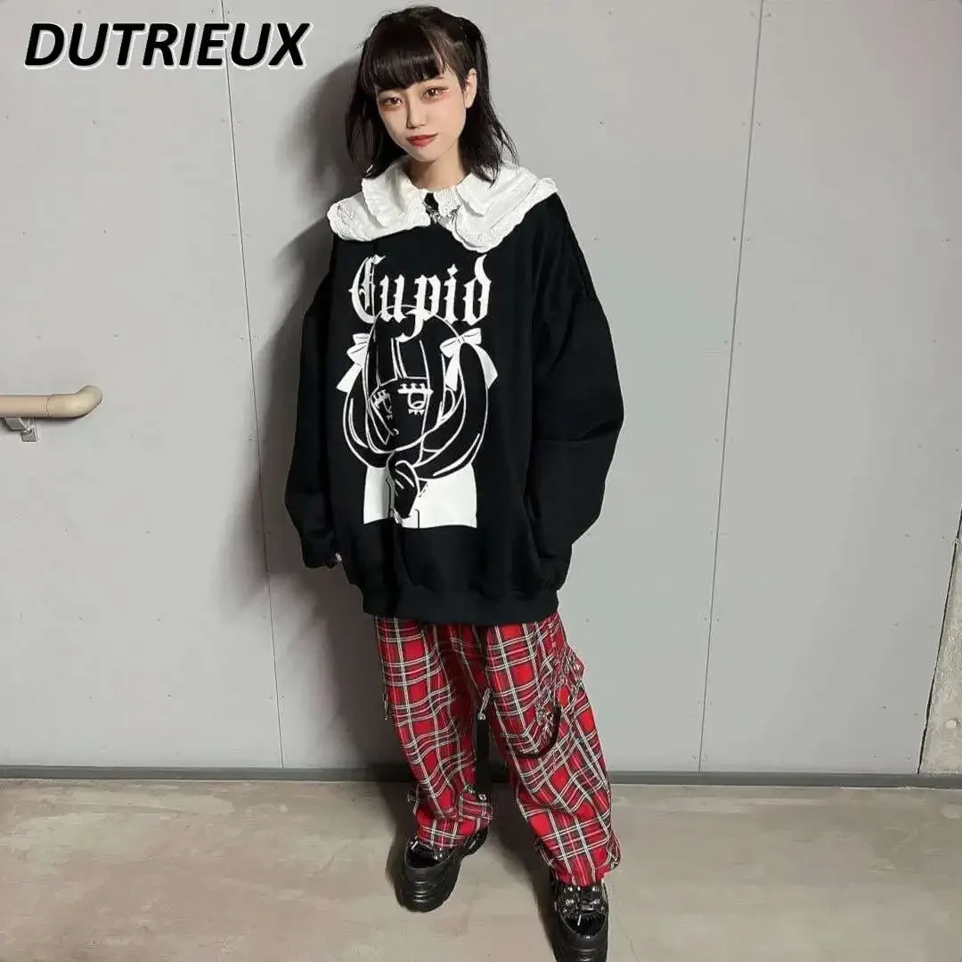 Japanese Style Wings Printing Fleece-lined Round-Neck Sweatshirt Women Mine Lolita Casual Student Pullover Hooded Winter Clothes