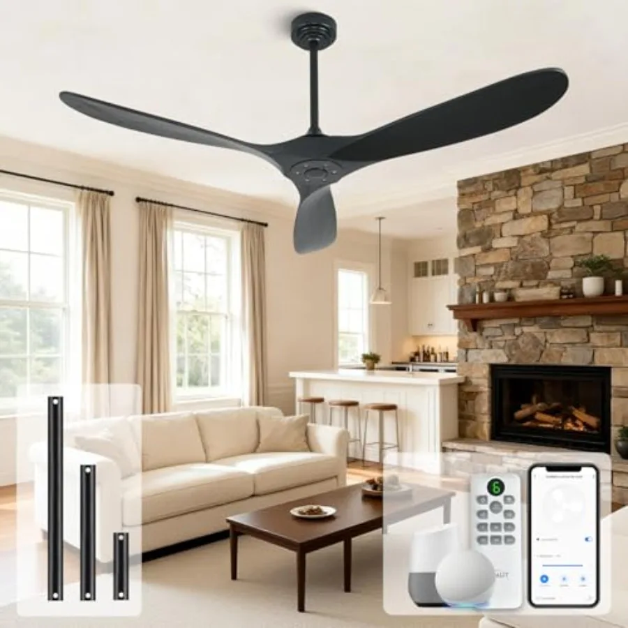 Outdoor ceiling fan for patio and porch, wood 3-blade, black, quiet DC motor with 6 speeds and smart remote/voice control for A