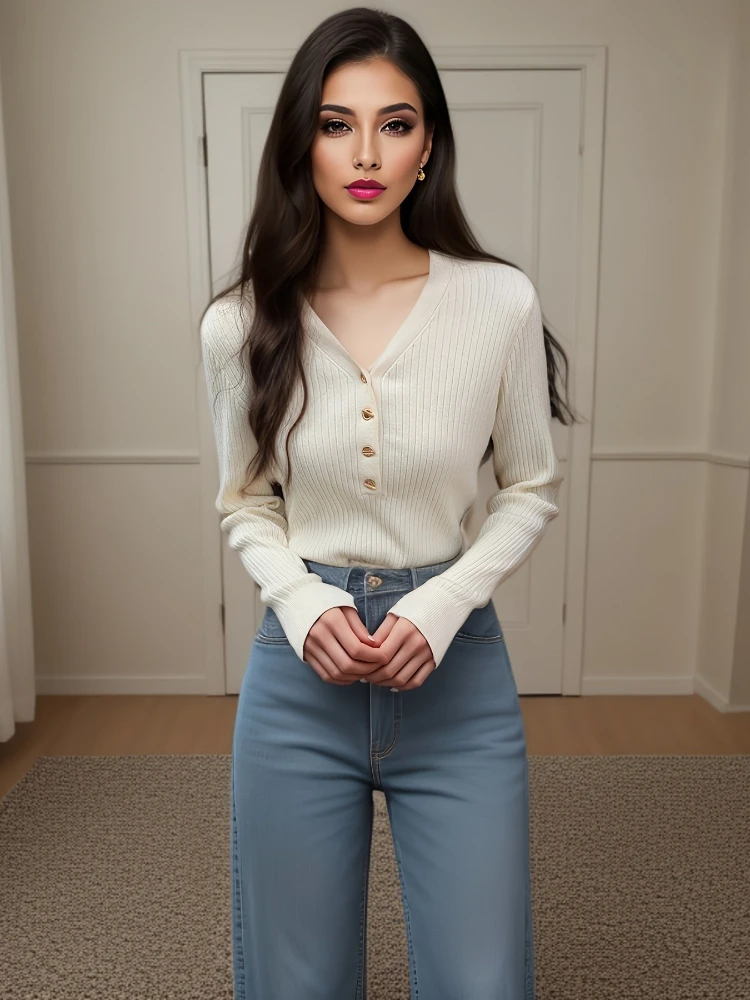 

Новая осенне-зимняя женская одежда, свитер с длинными рукавами и v-образным вырезом, украшенный пуговицами, облегающий элегантный трикотаж, нижний топ