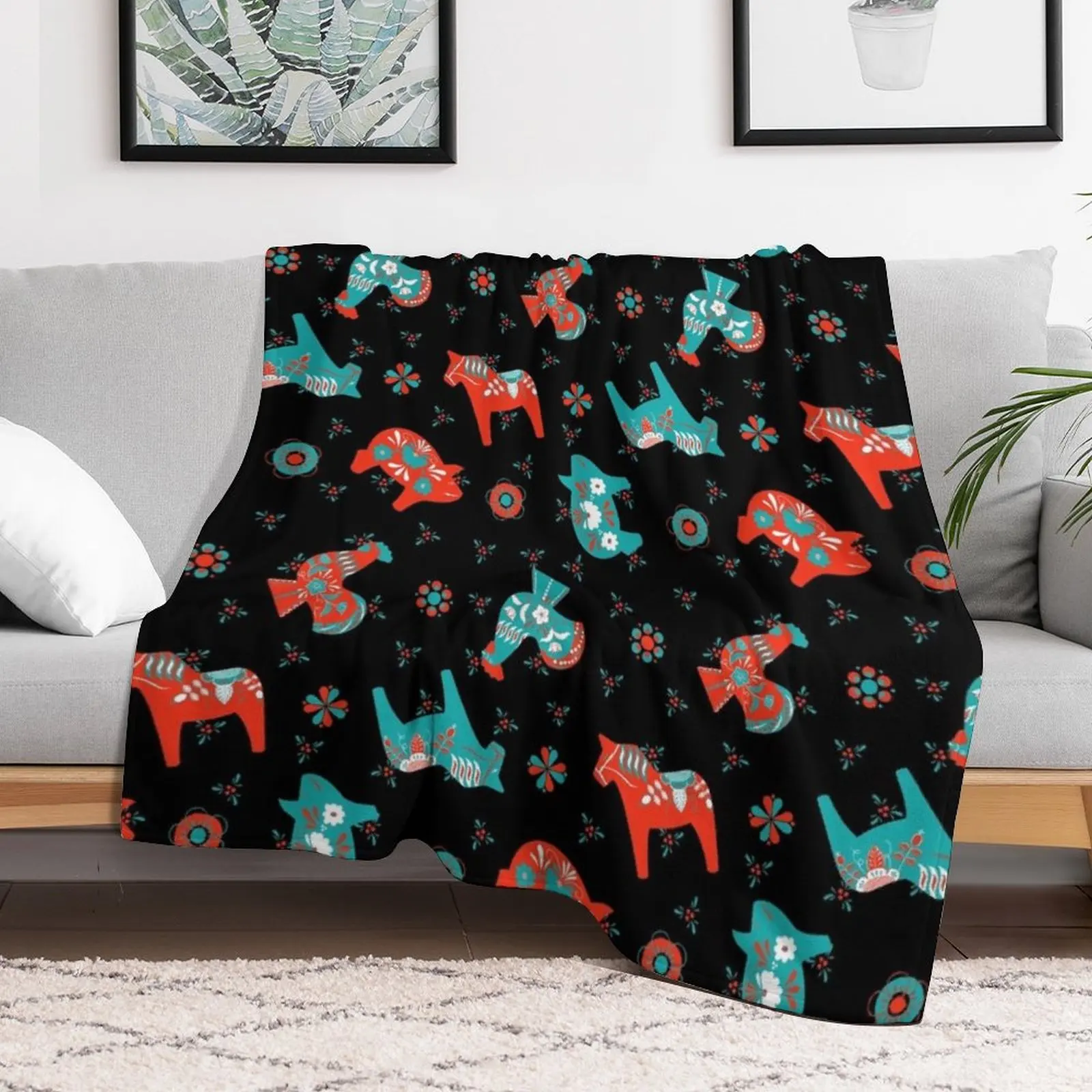 Black Red Turquoise - Folk Art - Swedish Dala Throw Blanket Large For Sofa Thin Thin Soft Plaid Blankets