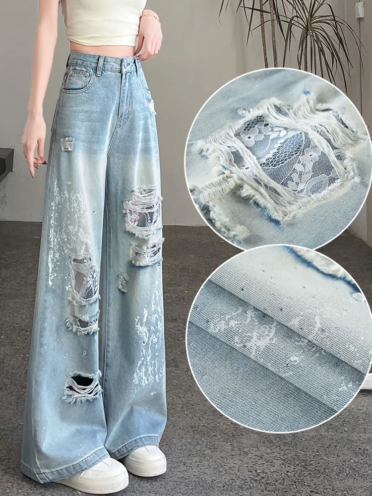Broken lace wide leg jeans women lazy and relaxed hot stamping design feeling 2025 summer spicy girl straight-leg pants