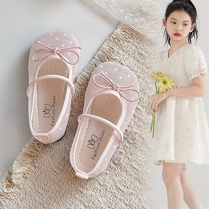 Spring Summer Kids Mesh Mary Jane Shoes Polka Dot Pattern Bow Decor Sweet Princess Flat Girls Performance Dress Shoes