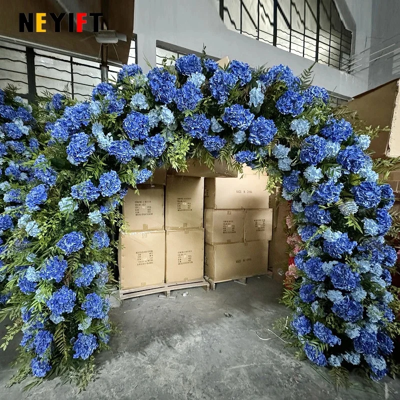 

Blue Floral Sofa Table Runner and Wedding Backdrop Decor with Hydrangea and Green Leaf Floor Arrangement