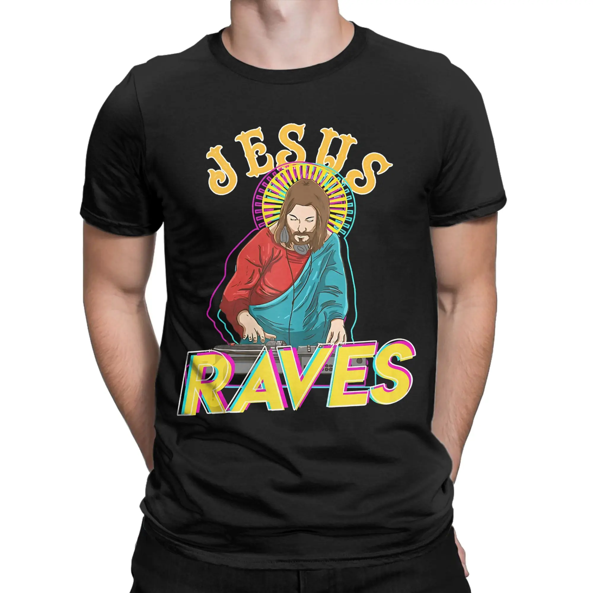 Jesus Raves Funny Edm Music Festival Party Christian Dj Gift Tank Top  Men T Shirts  Funny Tees T-Shirt 100% Cotton Tops