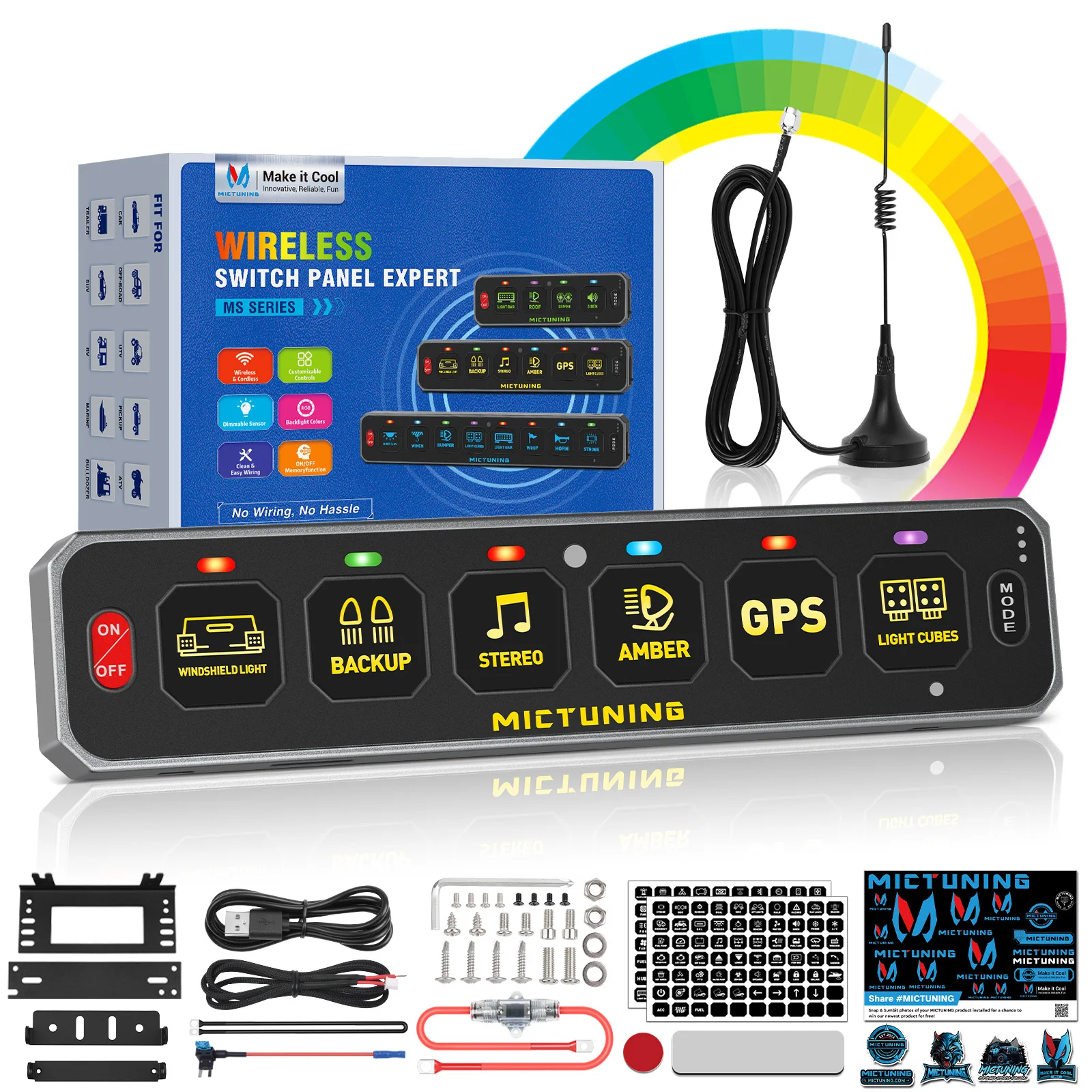 MICTUNING MS-W 6Gang Slim Wireless Switch Panel, 197FT Range Multi-Panel Control, Toggle Momentary Strobe Pulsed Flash for Car