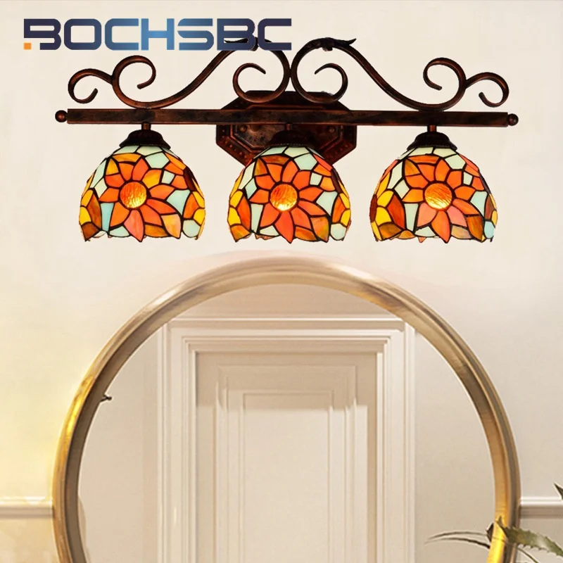 BOCHSBC Tiffany style stained glass Garden Sunflower sconce light Bar Restaurant Bedroom corridor three head wall lamp LED decor