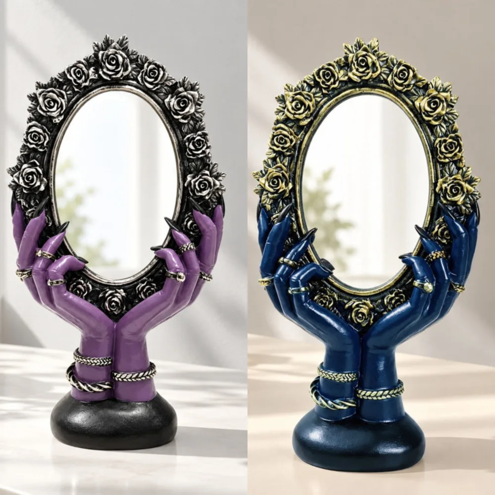 Purple Gothic Hand Mirror Halloween, Decoration Resin Skull Rose Frame, Vanity Tabletop Ornament Horror Home, Party Prop Gift De