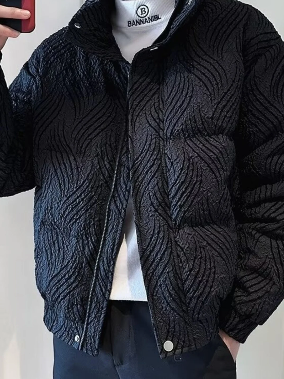 

Faionable Thiened ort down Cotton Jaet Men's Sli Winter Outerwear Stand Fit Geometric Pattern Zipper Closure