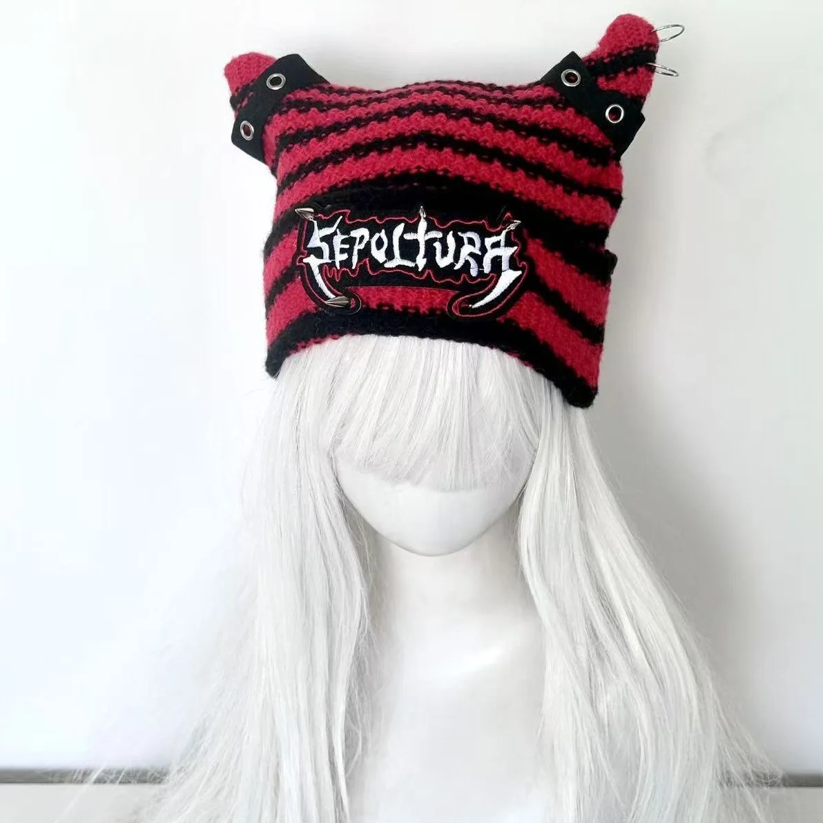 Y2K Girl Harajuku Gothic Black Red Stripes Lolita Knitted Hat Women Punk Designer Beanie Hat Spice Girl Streetwear Accessories