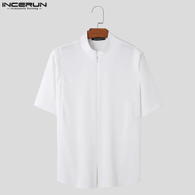 INCERUN camicia da uomo tinta unita colletto alla coreana manica corta estate abbigliamento uomo Streetwear 2024 camicie Casual moda stile coreano