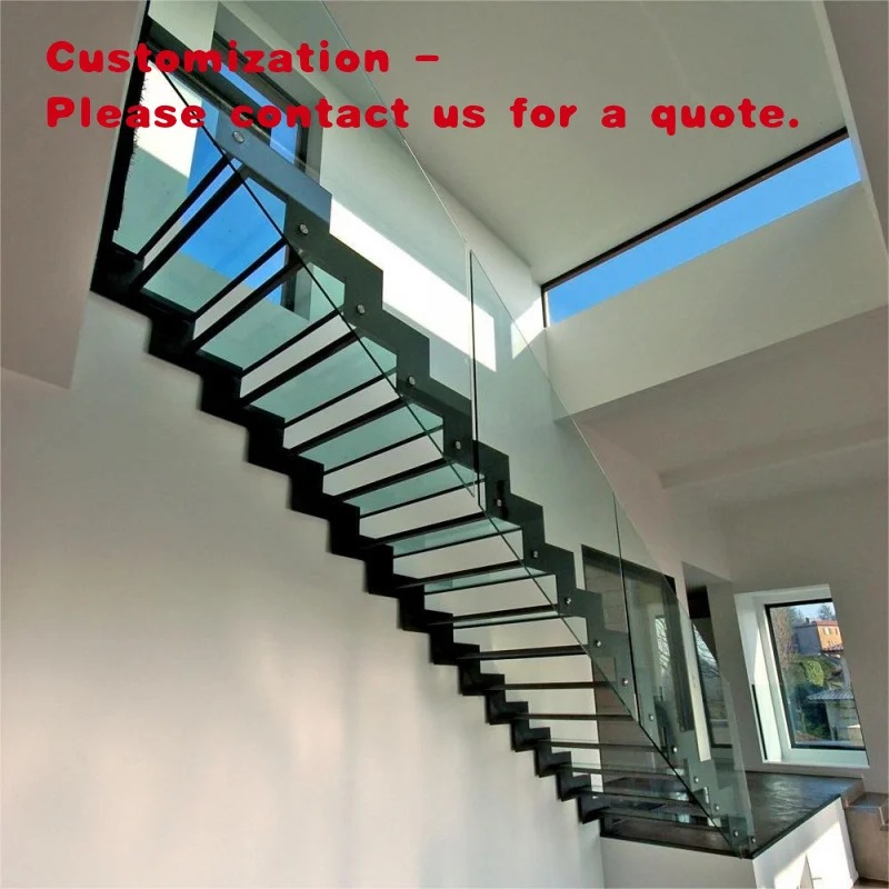 

custom.Contemporary Glass Stairs with Durable Wood Reinforced Steps Villas and Commercial Indoor Use