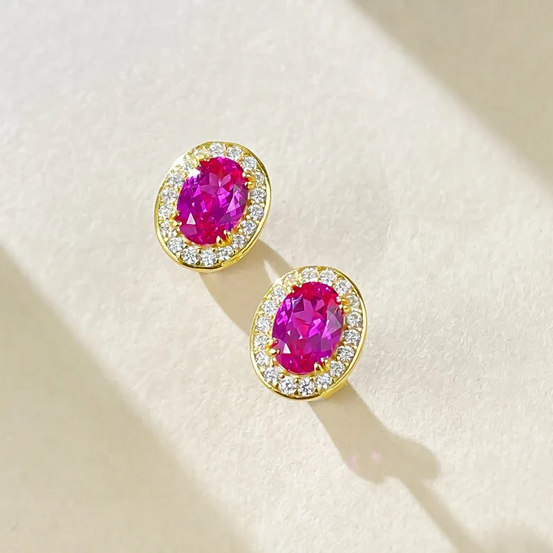 Live Streaming Xiaohongshu Style 925 Silver Gold-plated One Carat Oval Pink Earrings, Simple and Fashionable, Versatile