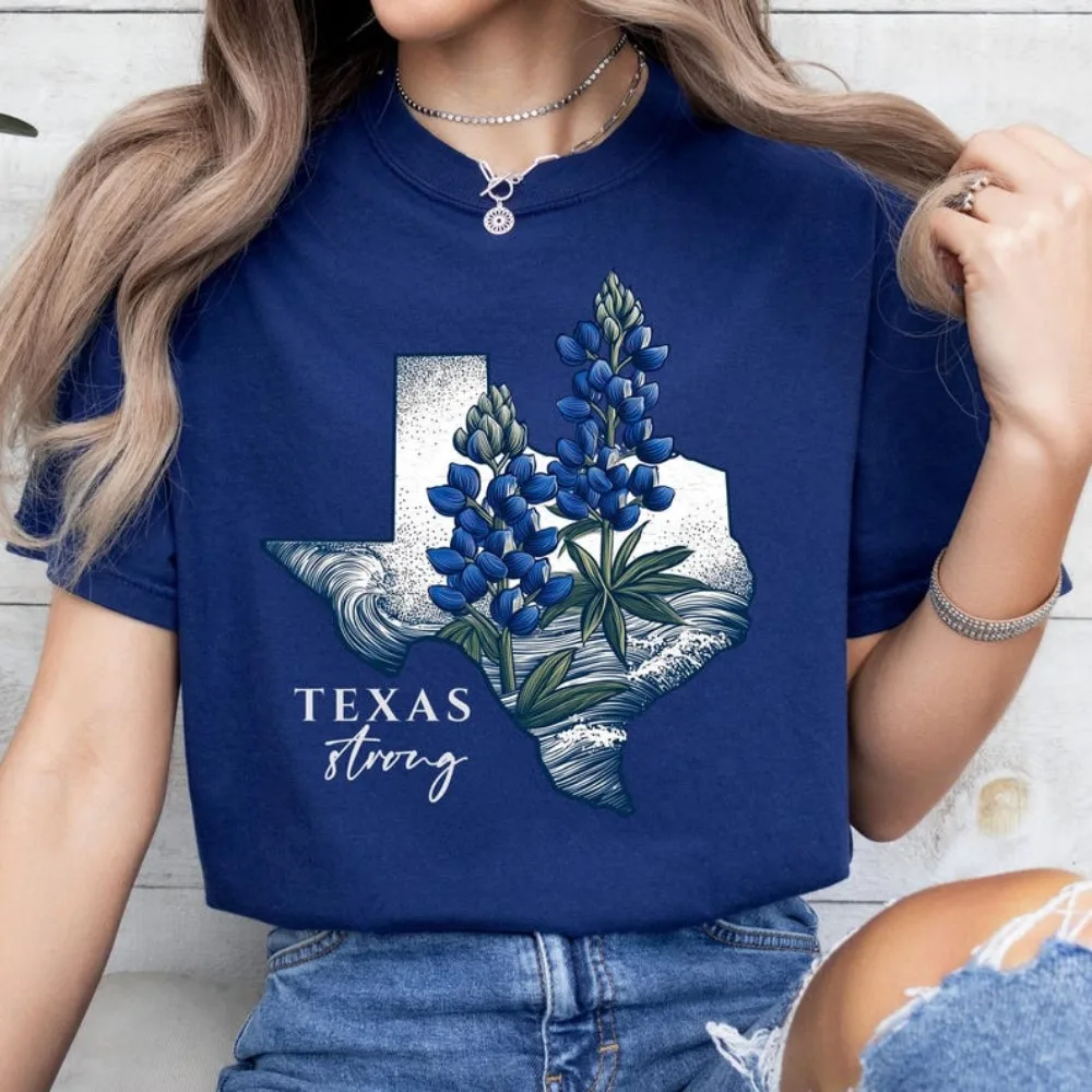 Texas Strong  T-Shirt Bluebonnet Tee Texas Blue Flower Pattern Print Tops Short Sleeve Women Clothes Streetwear Tops