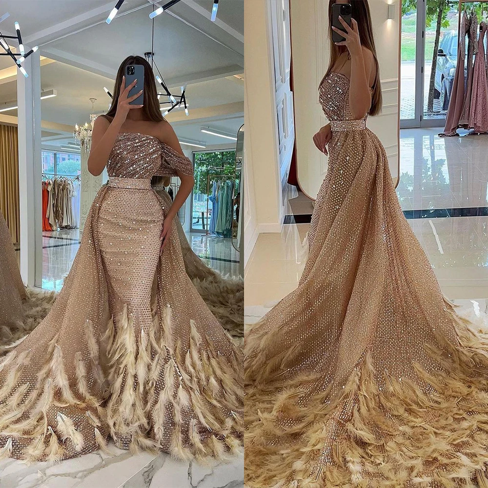 Exquisite Feather Mermaid Evening Dresses One-Shoulder Boat Neck Special Occasion Dress Women Sweep Train Prom Gowns for Party