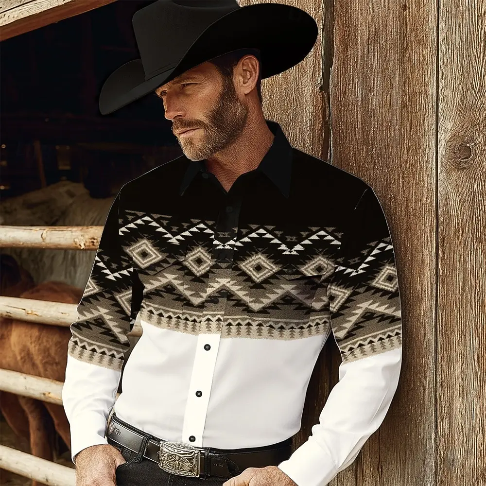 Men's Aztec Ethnic Indian Culture Shirt Western Shirt Cowboy Shirt Long Sleeve Vintage Retro Outdoor Casual WorkWear Spring Fall