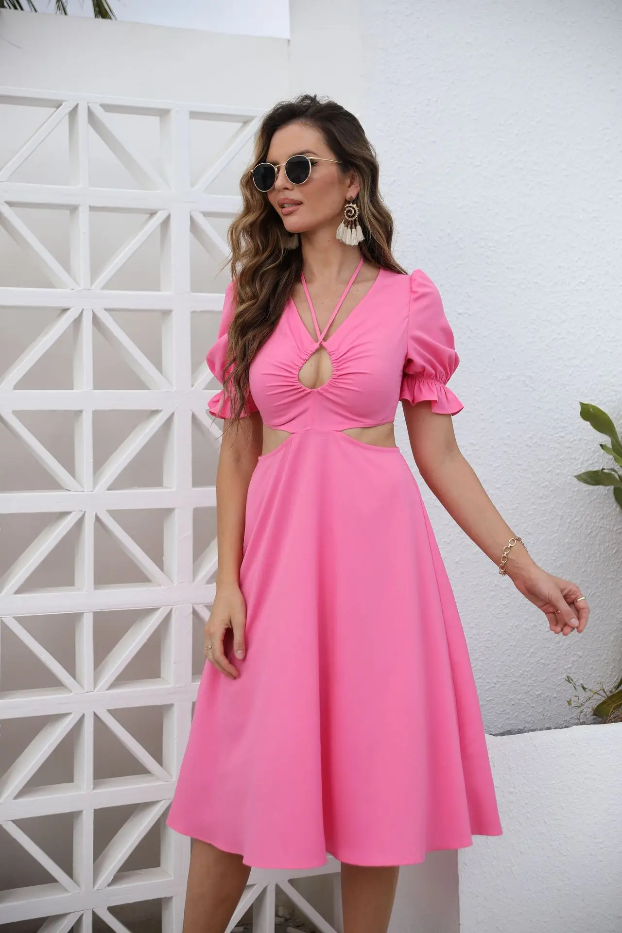 Vestido ajustado con cuello en V para mujer, Falda MIDI de color sólido, novedad de primavera y verano