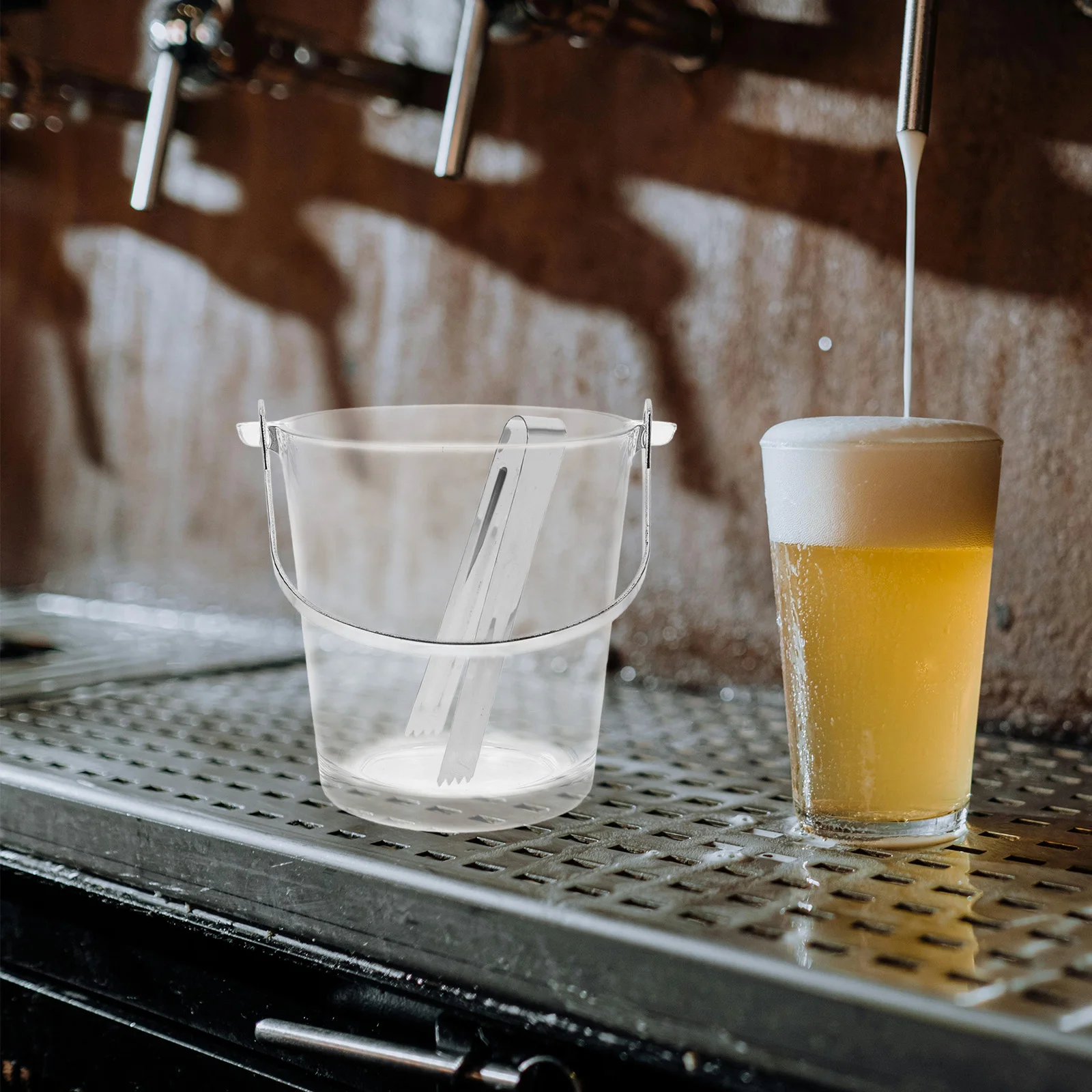 

1Set Ice Cube Bucket Portable Stainless Steel and Glass Party Bar Cooler Large Capacity Handheld Ice Container for Home Ktv Bbq