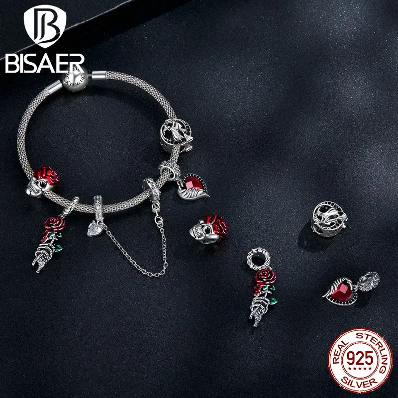 BISAER 925 Sterling Silver Vintage Rose&Skull Charm Grotesque Alien Pendants Heart Bead Fit Halloween Party DIY Bracelet Jewelry