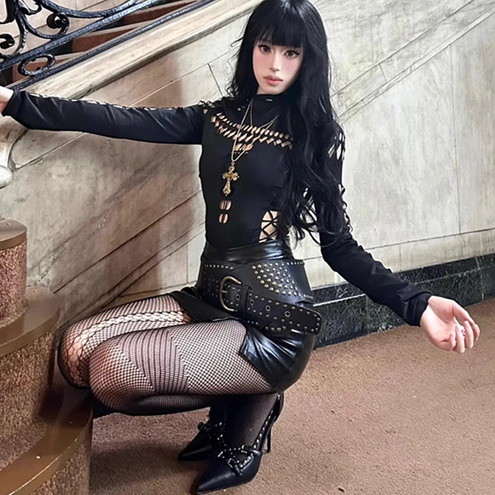 Damen-Bodysuit mit überkreuzten Trägern und Aussparungen, langärmlig, eng anliegend, Y2K-Trend, sexy, einfarbig, für Rave-Partys, Club- und Streetwear-Outfits – Detail 3
