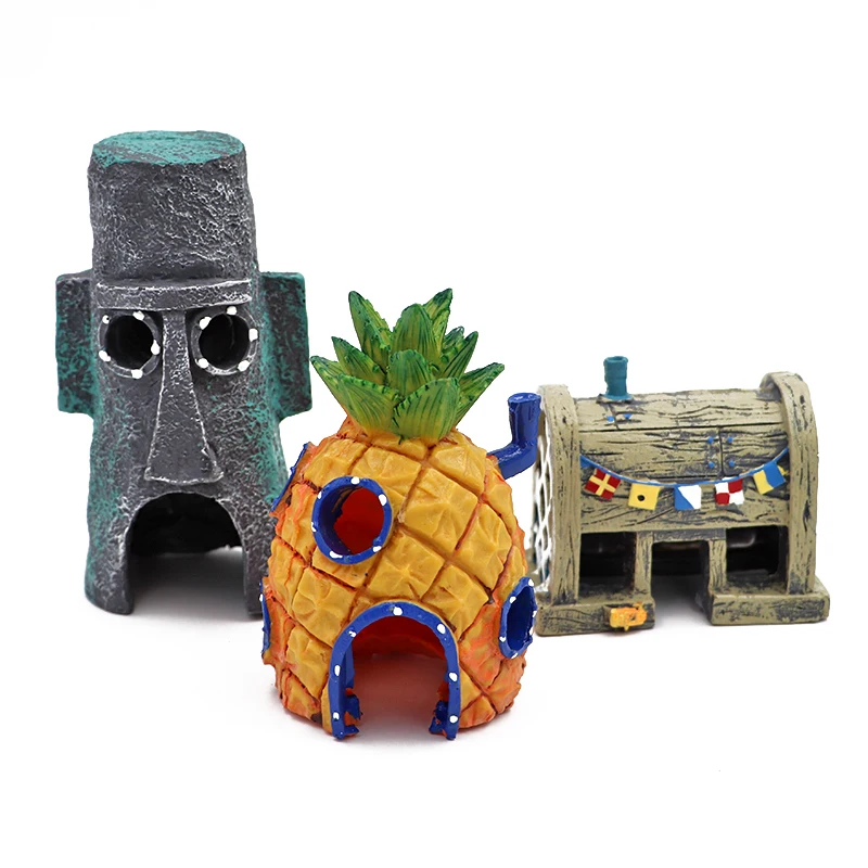 Cartoon Fish Tank Decor Figures Ornaments Resin Fish Tank Pineapple House Decoration  Cave Cask Landscaping Aquarium Accessories