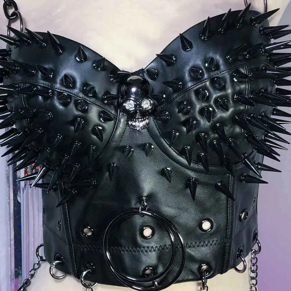 Emo Harajuku Grunge DIY Punk Rock Rot Nietenbesetztes 90er Trendiges Öko Handgefertigtes E-Girls Gothic Teen Goth Kawaii Y2K Veganes Leder TOPS