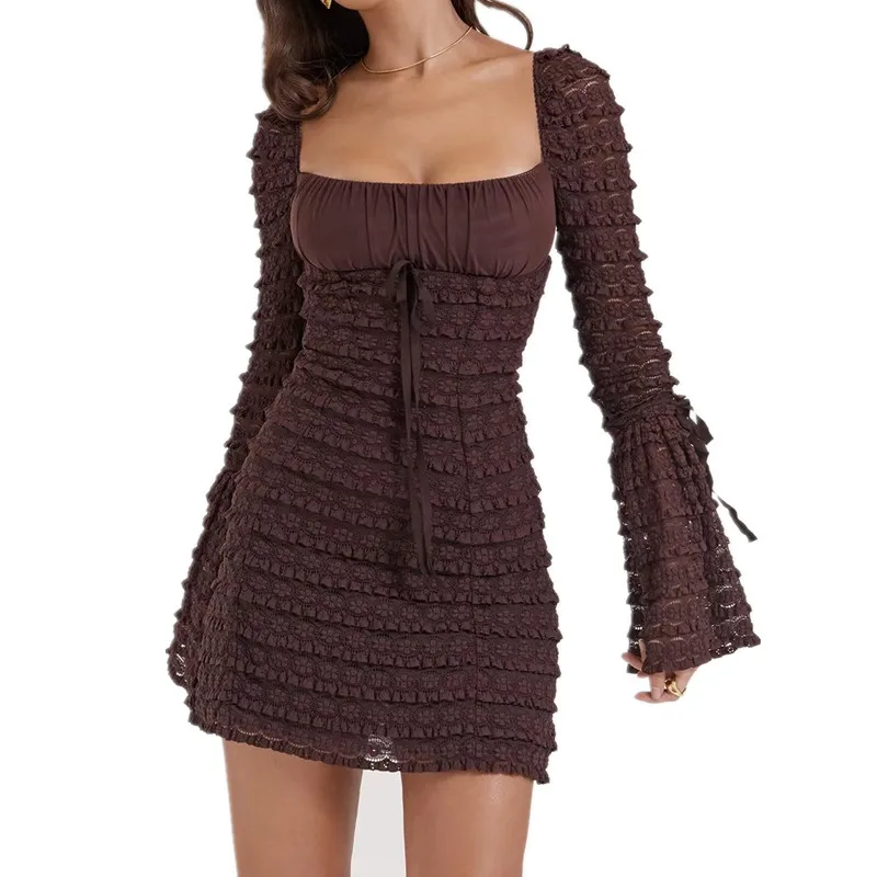 Sexy Wood ears Layered Lace Flare Long Sleeve Mini Dress Women Bow Chest Corset Style Package Hips Backless Party Mini Robe